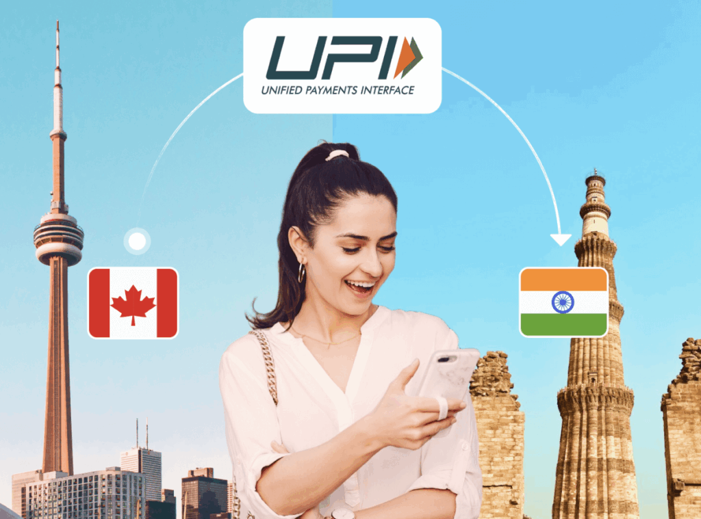 Woman using her phone to send money from Canada to India via UPI, with Canadian and Indian flags and currency symbols showing the transfer of funds.